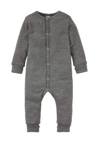 Grauer Langarm-Body für Babys mit kleinen horizontalen Streifen, Knopfverschluss auf der Vorderseite und gerippten Bündchen an Ärmeln und Beinen.