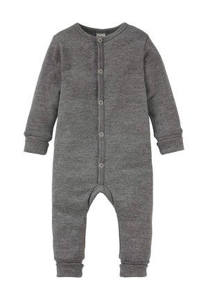 Grauer Langarm-Body für Babys mit kleinen horizontalen Streifen, Knopfverschluss auf der Vorderseite und gerippten Bündchen an Ärmeln und Beinen.
