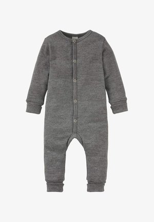 Grauer Langarm-Body für Babys mit kleinen horizontalen Streifen, Knopfverschluss auf der Vorderseite und gerippten Bündchen an Ärmeln und Beinen.