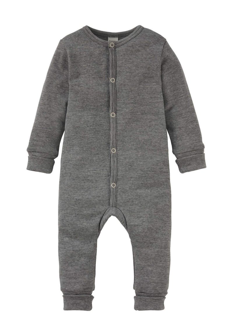 Grauer Langarm-Body für Babys mit kleinen horizontalen Streifen, Knopfverschluss auf der Vorderseite und gerippten Bündchen an Ärmeln und Beinen.