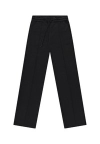 Zwarte broek met een relaxte pasvorm, gemaakt van zachte stof. Voorzien van een elastische tailleband met trekkoord en verticale naden voor extra detail.