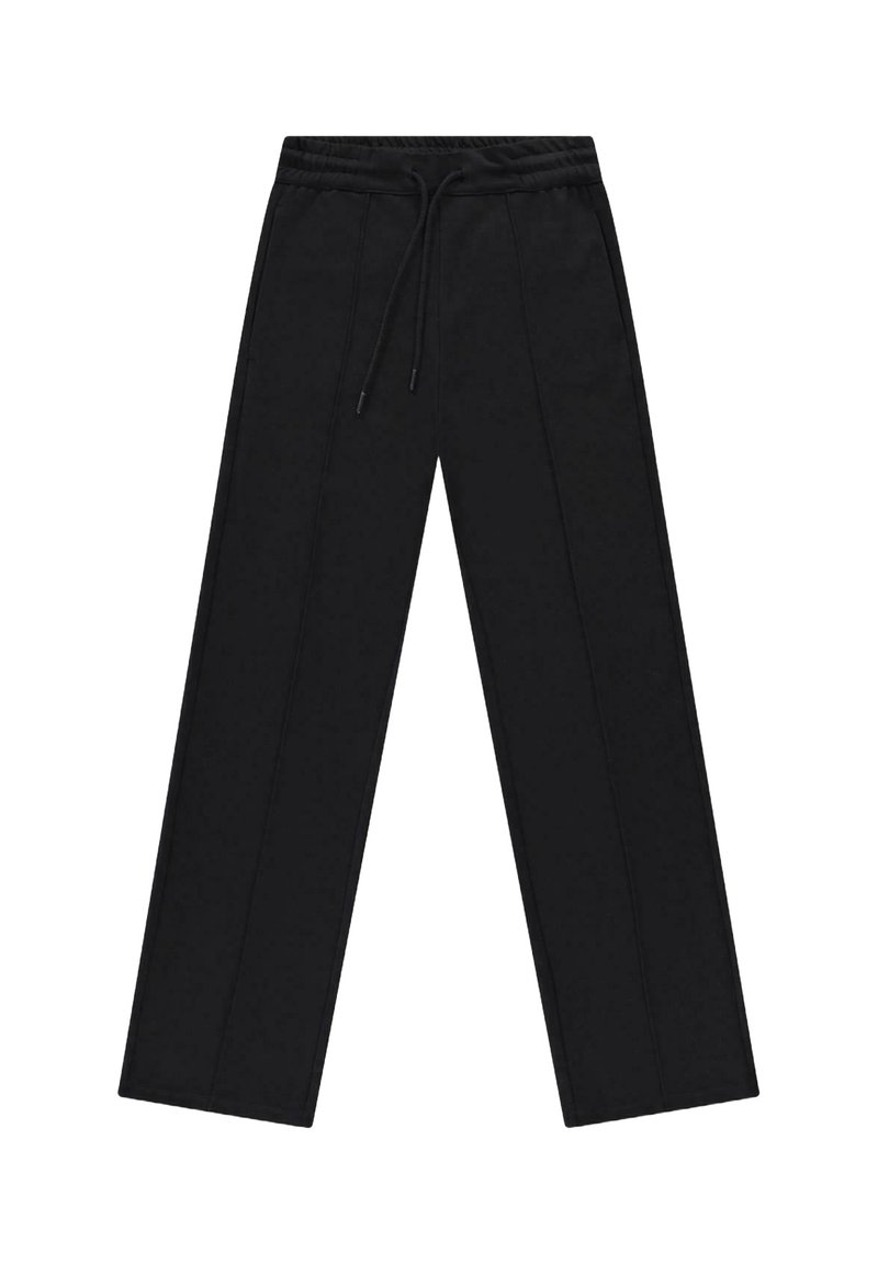 Zwarte broek met een relaxte pasvorm, gemaakt van zachte stof. Voorzien van een elastische tailleband met trekkoord en verticale naden voor extra detail.