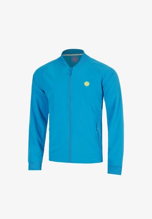 Blauwe jas met ritssluiting, lange mouwen, geribde kraag en manchetten, een klein geel rond logo op de borst en ritssluitingen in de zijzakken.