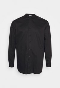 Camicia nera a maniche lunghe realizzata in tessuto morbido, con patta botton-down, colletto dritto e polsini con un bottone.
