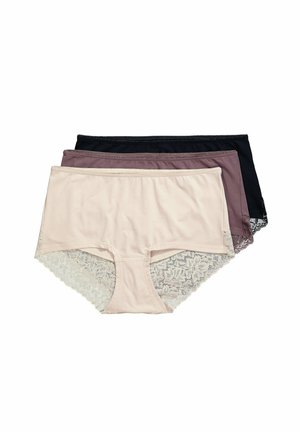 Set van drie damesonderbroeken in nude, mauve en zwart. Katoenen voorkant, kanten details op de achterkant, mid-rise snit, zachte textuur.