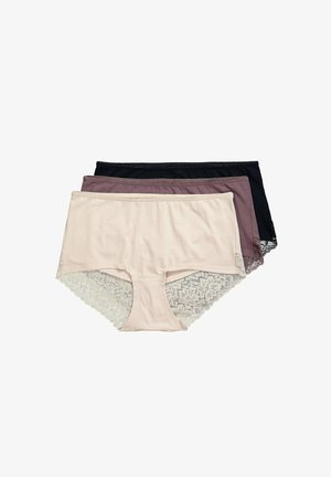 Set aus drei Damenunterhosen in Nude, Mauve und Schwarz. Baumwollfront, Spitzendetails auf der Rückseite, mittelhoher Schnitt, weicher Textur.