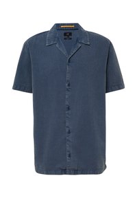 Korte mouwen button-up shirt in donkerblauw gestructureerde stof, met een spread collar en een rechte zoom met een zichtbare knoopsluiting.