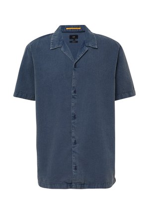 Chemise à manches courtes en tissu texturé bleu foncé, dotée d'un col italien et d'un ourlet droit avec une fermeture à boutons visible.
