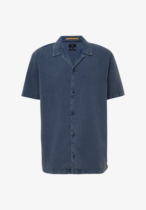Chemise à manches courtes en tissu texturé bleu foncé, dotée d'un col italien et d'un ourlet droit avec une fermeture à boutons visible.