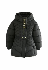 Veste doudoune noire avec capuche, dotée de surpiqûres en losanges, d'une taille élastique et d'une fermeture éclair à l'avant avec le lettrage doré "BAKER".