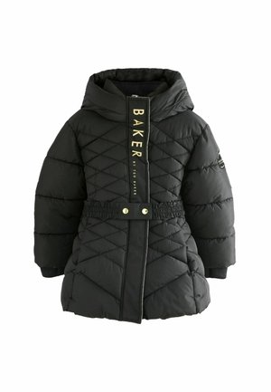 Giacca a vento nera con cappuccio, caratterizzata da trapuntatura a diamante, vita elastica e zip frontale con lettering dorato "BAKER".