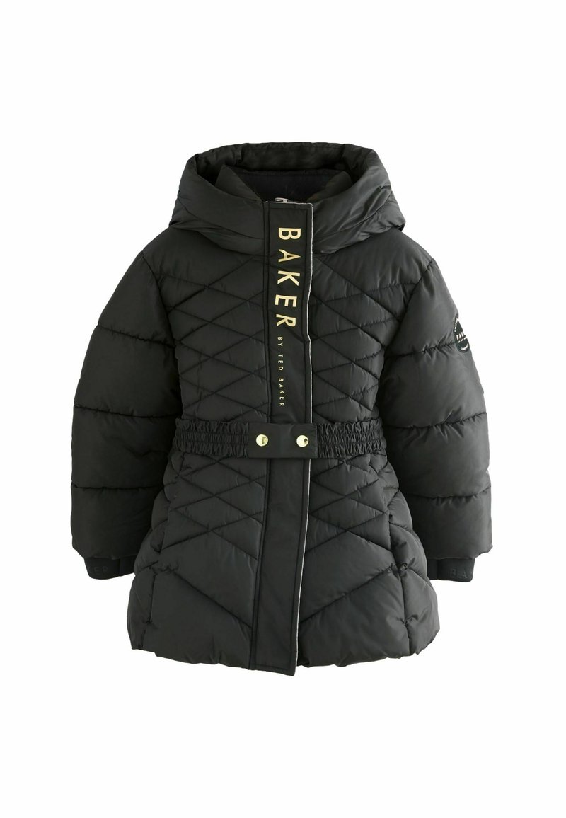 Veste doudoune noire avec capuche, dotée de surpiqûres en losanges, d'une taille élastique et d'une fermeture éclair à l'avant avec le lettrage doré "BAKER".