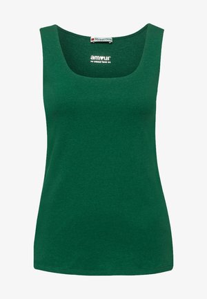 Zielony bezrękawnik z kwadratowym dekoltem i metką "Street One" wewnątrz kołnierza.