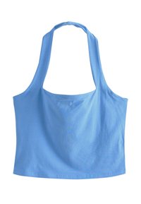 Top corto de algodón azul con tirantes anchos y un escote redondeado. Textura suave con un corte holgado, sin patrones ni accesorios visibles.
