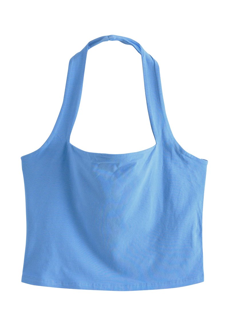 Top corto de algodón azul con tirantes anchos y un escote redondeado. Textura suave con un corte holgado, sin patrones ni accesorios visibles.