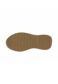 Suola della scarpa con una superficie beige, leggermente texturizzata. Presenta righe orizzontali per aderenza, forma arrotondata e un bordo liscio.