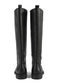 Black leather knee-high boots with a smooth texture, rectangular heel, and vertical stitching. Features pull tabs at the top for easy wear.