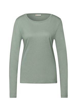 Langärmeliges Hemd in gedämpftem Grün, mit rundem Ausschnitt und weicher, glatter Textur. Einfaches Design ohne Muster oder zusätzliche Akzente.