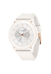 Weißer Silikon-Uhr mit einem runden silbernen Zifferblatt, Akzenten in Roségold, drei Subdials und einem strukturierten Armband. Verfügt über klare Stundenmarkierungen.