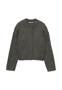 Cardigan grigio a costine con scollo rotondo e maniche lunghe, dotato di sette bottoni marroni sul davanti e di un design corto.
