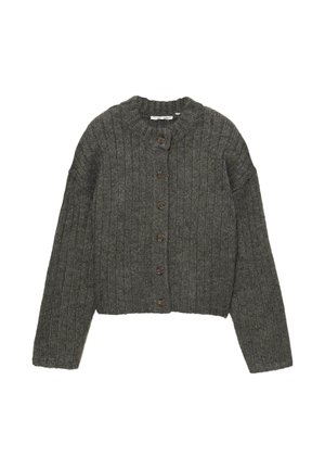 Šedý žebrovaný cardigan s kulatým výstřihem a dlouhými rukávy, se sedmi hnědými knoflíky vpředu a zkráceným střihem.