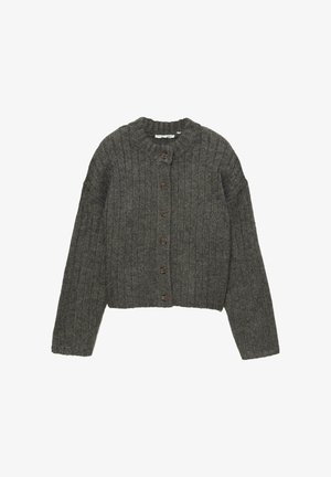 Šedý žebrovaný cardigan s kulatým výstřihem a dlouhými rukávy, se sedmi hnědými knoflíky vpředu a zkráceným střihem.