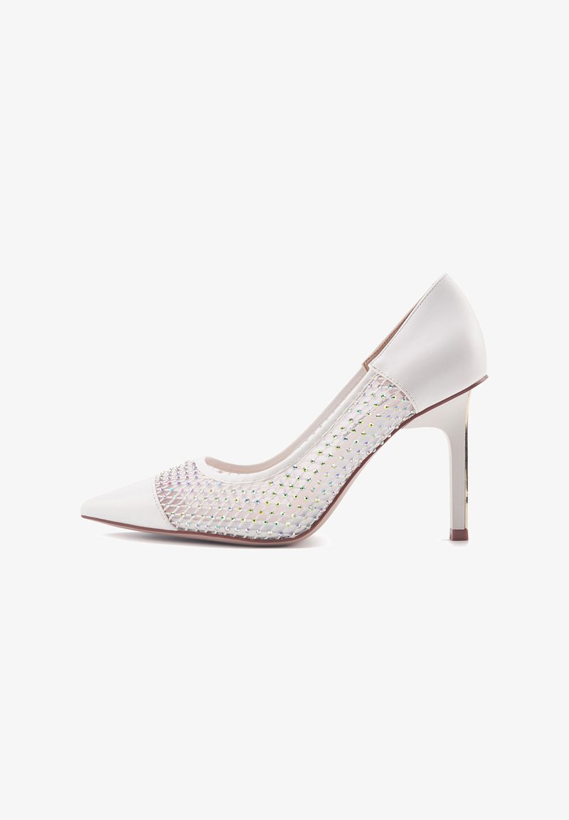 White high-heeled pump with a pointed toe, featuring a textured mesh panel adorned with iridescent beads and a metallic accent heel.