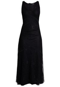 Černé krajkové šaty s bezrukávovým designem, výstřihem do V, květinovým vzorem a rozšířenou sukní. Podrobnosti zahrnují průhledné akcenty a zip na zadní straně.