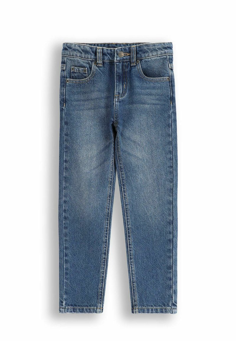 Niebieskie dżinsy o prostym kroju nogawki, z pięcioma kieszeniami i delikatnym przetarciem, z guzikowym zapięciem i zamkiem błyskawicznym w talii.