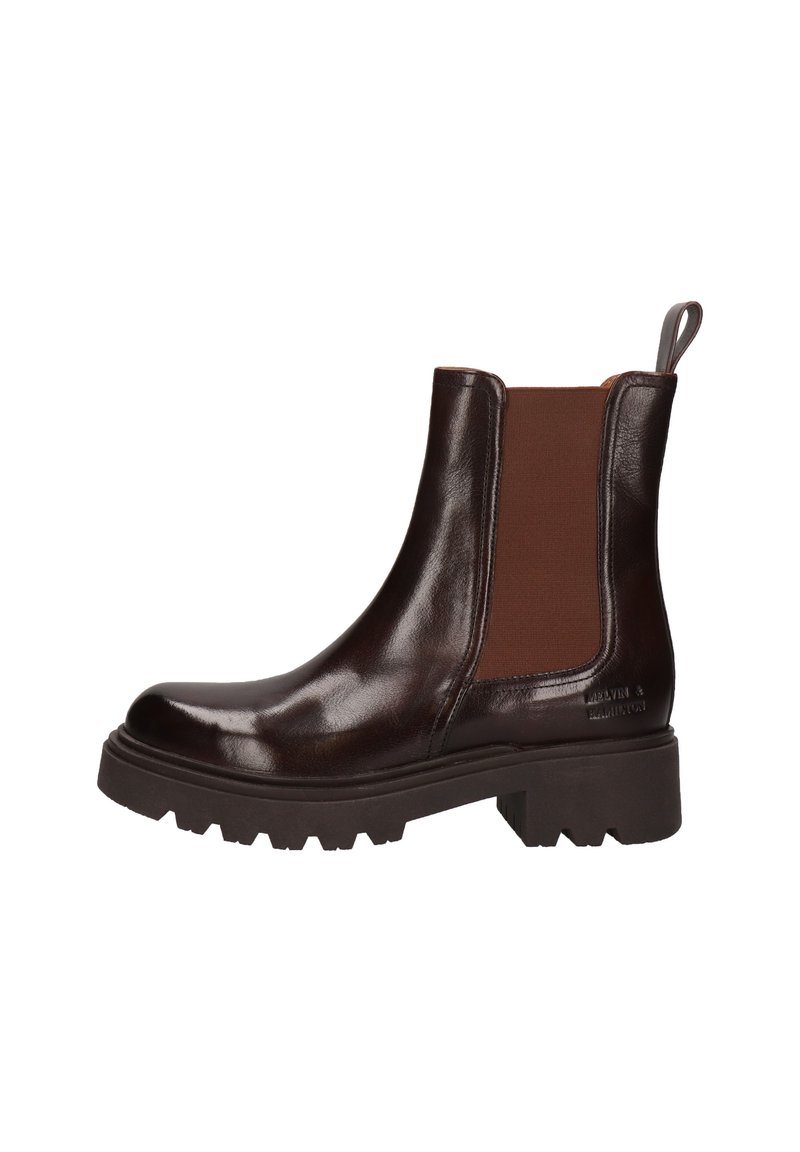 Bruine leren Chelsea boots met elastische zijkanten, chunky rubberen zolen en een hielband voor eenvoudig aantrekken; glanzende afwerking met gestructureerde accenten.