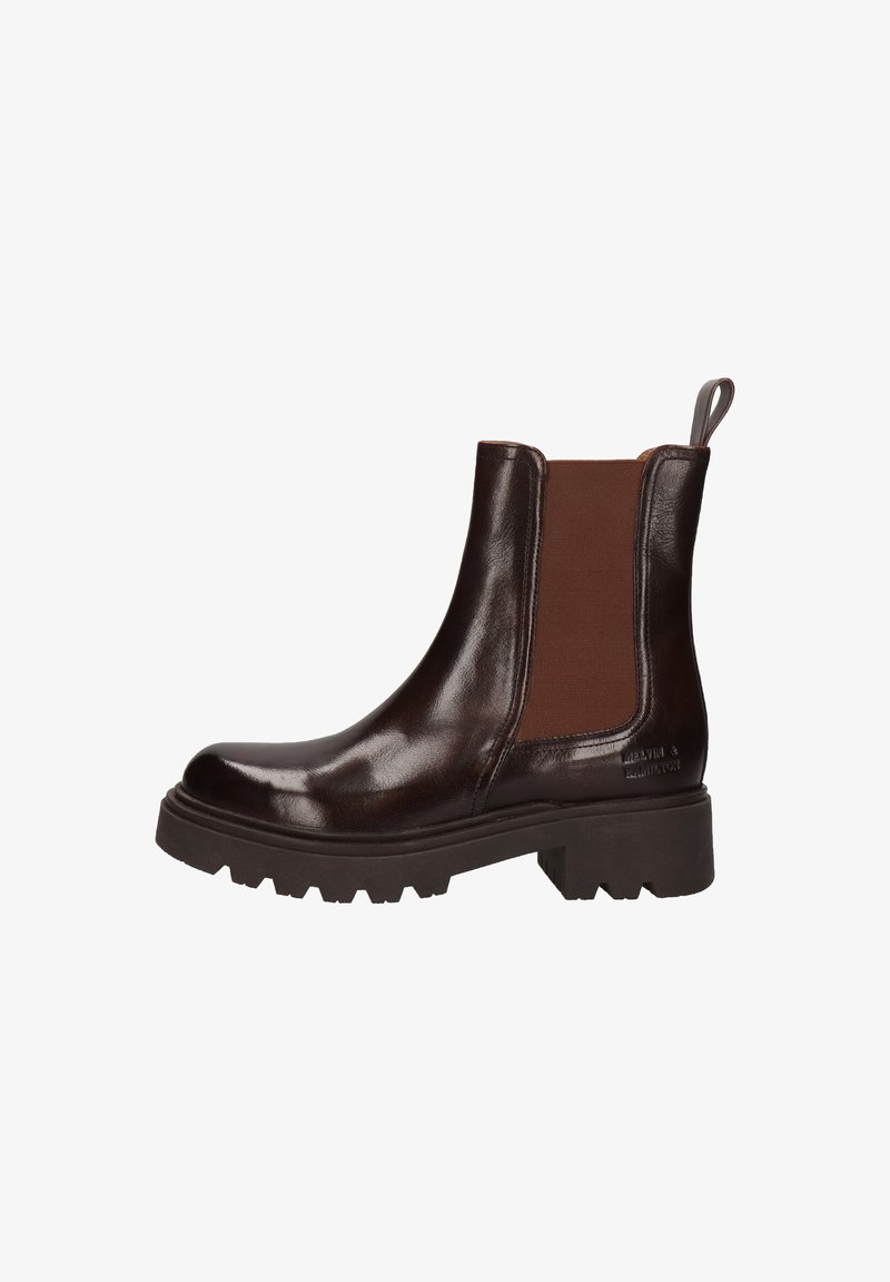 Braune Leder Chelsea-Boots mit elastischen Seitenpaneelen, klobigen Gummisohlen und einer Fersenlasche für einfachen Tragekomfort; glänzende Oberfläche mit strukturierten Akzenten.