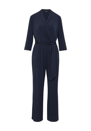 Marineblauwe jumpsuit met een wikkelstijl aan de voorkant, lange mouwen en een ceintuur in de taille. Gemaakt van een gladde, lichte stof, met brede pijpen.