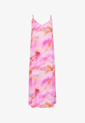 Satiinist liblikleidis on V-kaelus, õhukesed õlapaelad ja voolav muster roosa, oranži ja valge värvikombinatsiooniga, mis on pehme ja kerge tekstuuriga.