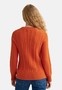 Pull orange en tricot présentant des motifs torsadés, un tissage texturé, une base et des poignets côtelés. Vue de dos montrant le design complet et les détails de l'ajustement.