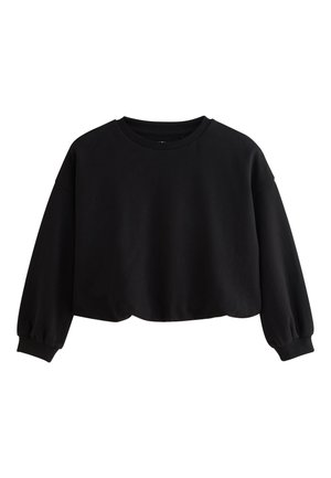 Sort cropped sweatshirt med rund hals, lange ærmer med tætsiddende manchetter, blødt stof og et enkelt, ubemærket design.