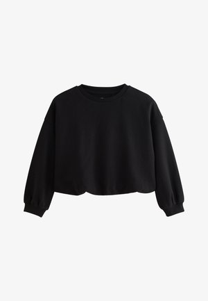 Fekete, rövidített pulóver kerek nyakkal, hosszú ujjal, szűkített mandzsettával, puha anyagból, egyszerű, díszítetlen kialakítással.