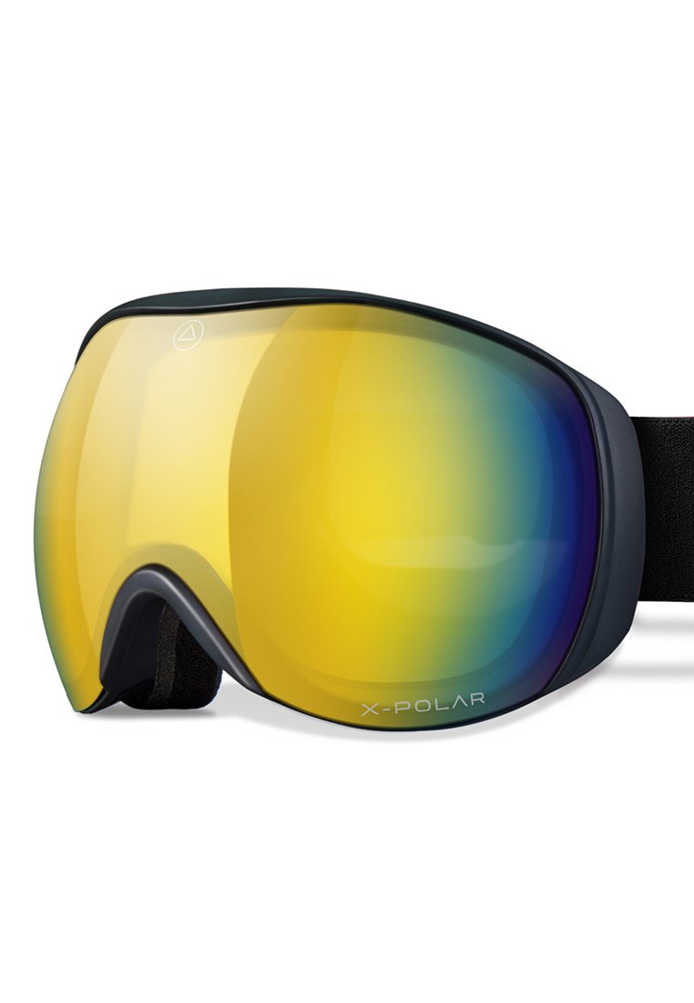 Skibrille mit schwarzem Rahmen, gelb-blau verspiegeltem Glas und gepolstertem Band. Gewölbtes Design für volle Gesichtsbedeckung.