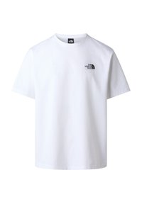 Hvid T-shirt med korte ærmer og sort The North Face-logo på venstre bryst samt en rund halsudskæring.