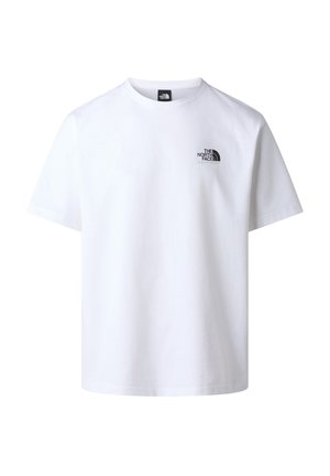 Hvid T-shirt med korte ærmer og sort The North Face-logo på venstre bryst samt en rund halsudskæring.