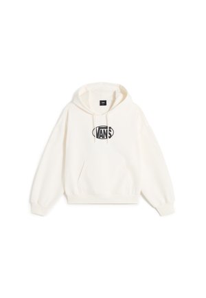 Cream sweatshirt made of soft fabric, featuring a kangaroo pocket, drawstring hood, and a black Vans logo on the front.