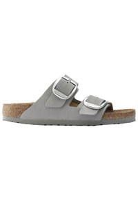 Gray two-strap sandal with adjustable silver-tone metal buckles, soft suede upper, and a cork footbed, featuring a textured rubber sole.