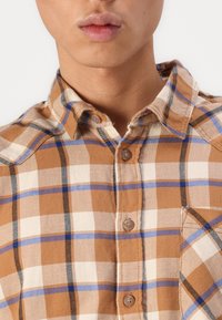 Brun og krem rutete skjorte med blå og svarte aksenter, knappet design, standard krage, og brystlomme detalj.