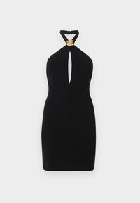 Rochie halter neagră cu un design cu decupaj în față și un accent cu cap de leu aurit la decolteu. Textură netedă, siluetă ajustată.