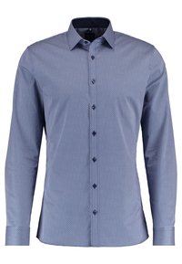 Donkerblauw overhemd met lange mouwen en een geometrisch patroon, gemaakt van katoen, met een normale kraag en zes knopen aan de voorkant.