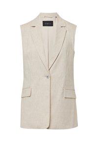 Beige ärmelloser Blazer mit Reverskragen, einer einzigen Knopfleiste und zwei Fronttaschen. Strukturierter Stoff mit dezentem Muster.