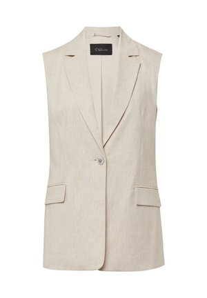 Beige mouwloze blazer met een notch kraag, enkele knoopsluiting en twee voorzakken. Geweven stof met een subtiel patroon.