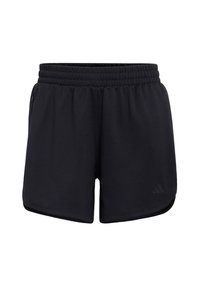 Shorts deportivos negros con tela texturizada, cintura elástica y bolsillos laterales. Cuenta con una pequeña abertura en el dobladillo y un detalle de logo en la parte inferior izquierda.