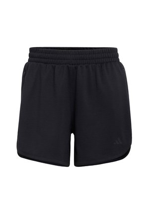 Shorts de sport noirs en tissu texturé, avec ceinture élastique et poches latérales. Présentent un petit ourlet fendu et un logo sur le bas à gauche.