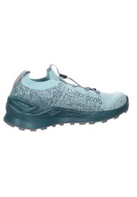 Light blue athletic shoe with a textured, breathable upper, contrasting dark teal sole, elastic lacing system, and reinforced heel support.