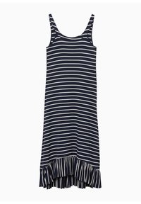 Robe rayée bleu marine et blanche avec un décolleté arrondi et des bretelles fines, présentant un ourlet en volants au bas. Fabriquée dans un tissu doux.